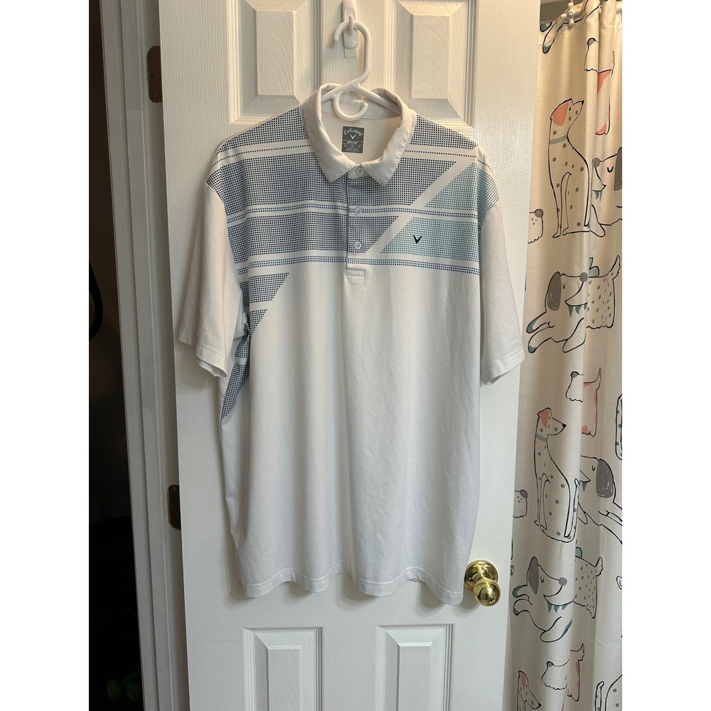 Callaway Opti-Dri Mens XL Golf Shirt White Blue Geometric Graphic Polo SA4031